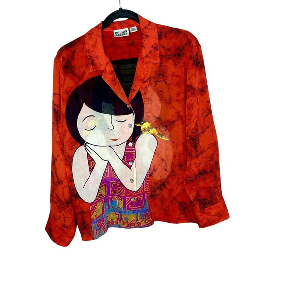 Vintage 90s 100% Silk Chico's Design Girl With Bird Blouse Size 1 Medium - Picture 1 of 8